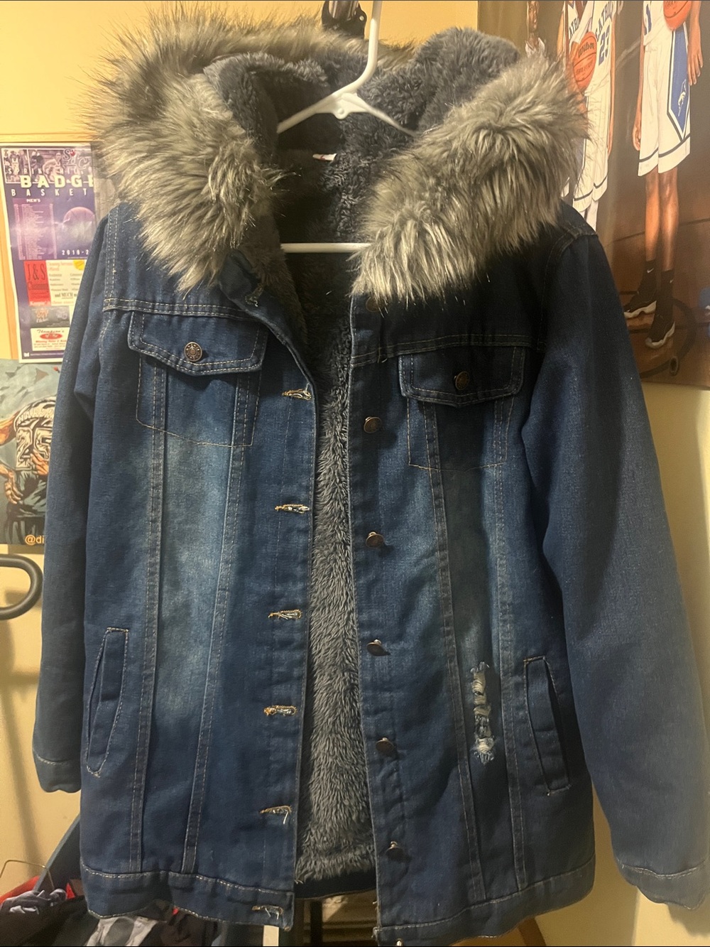 Women's Blue Faux Fur-Lined Denim Jacket with Hood